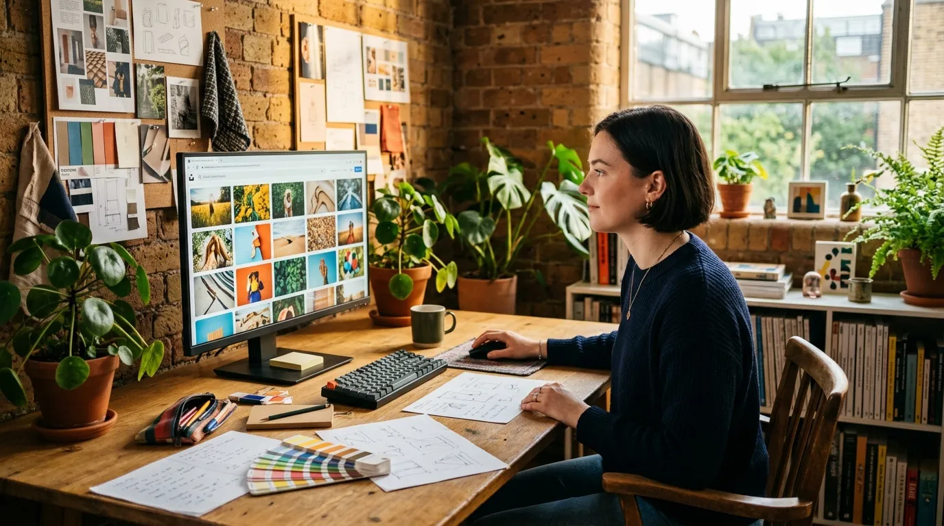 Femme travaillant &agrave; son bureau avec &eacute;cran et palette couleurs