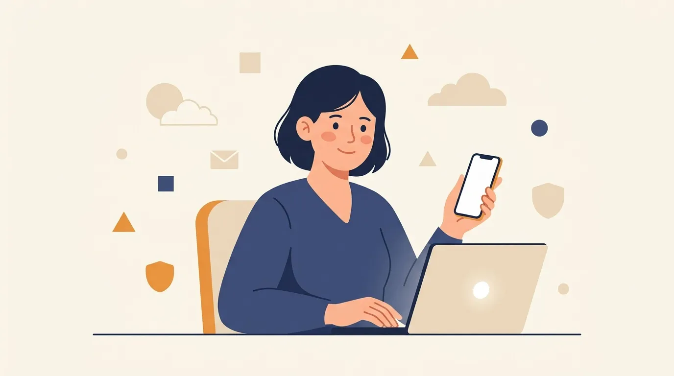 Femme souriante utilisant laptop et smartphone simultan&eacute;ment