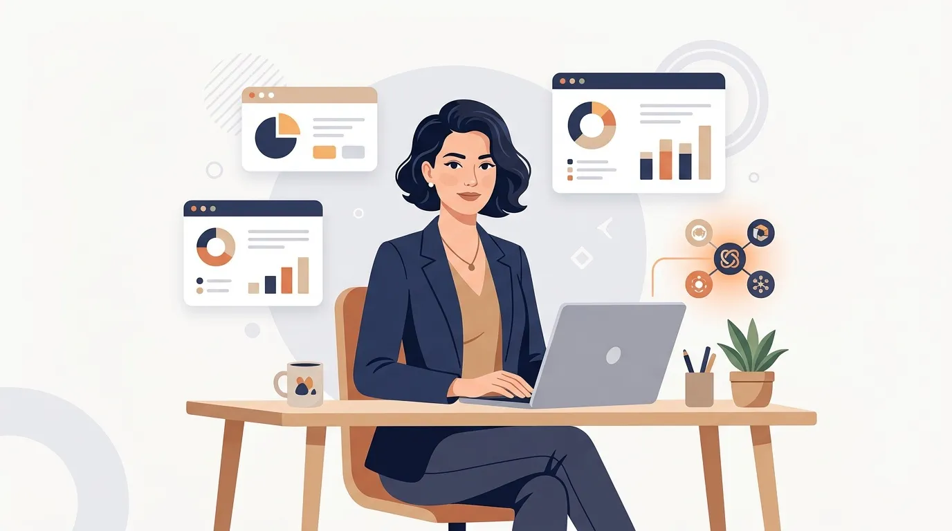 Femme travaillant sur ordinateur portable entour&eacute;e de graphiques analytiques