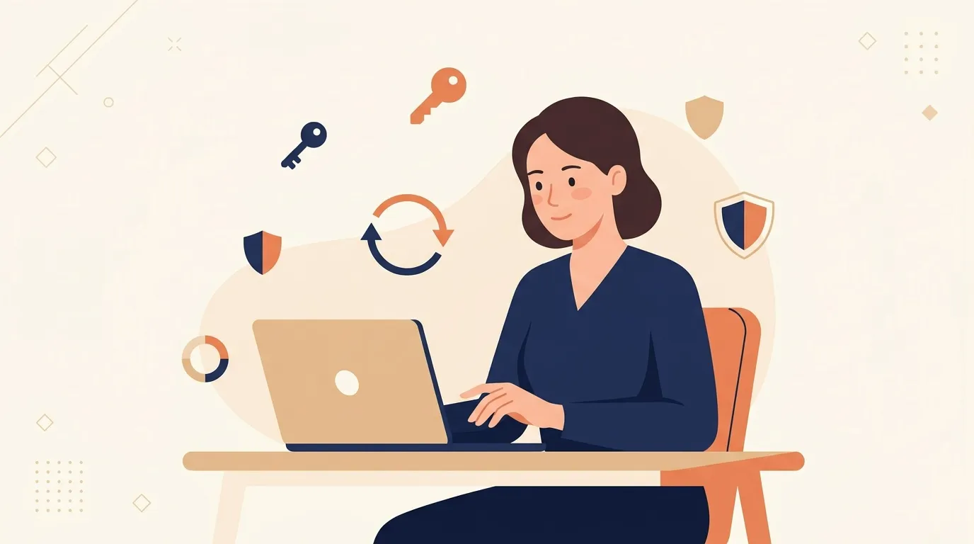 Femme travaillant sur ordinateur portable avec symboles de s&eacute;curit&eacute;