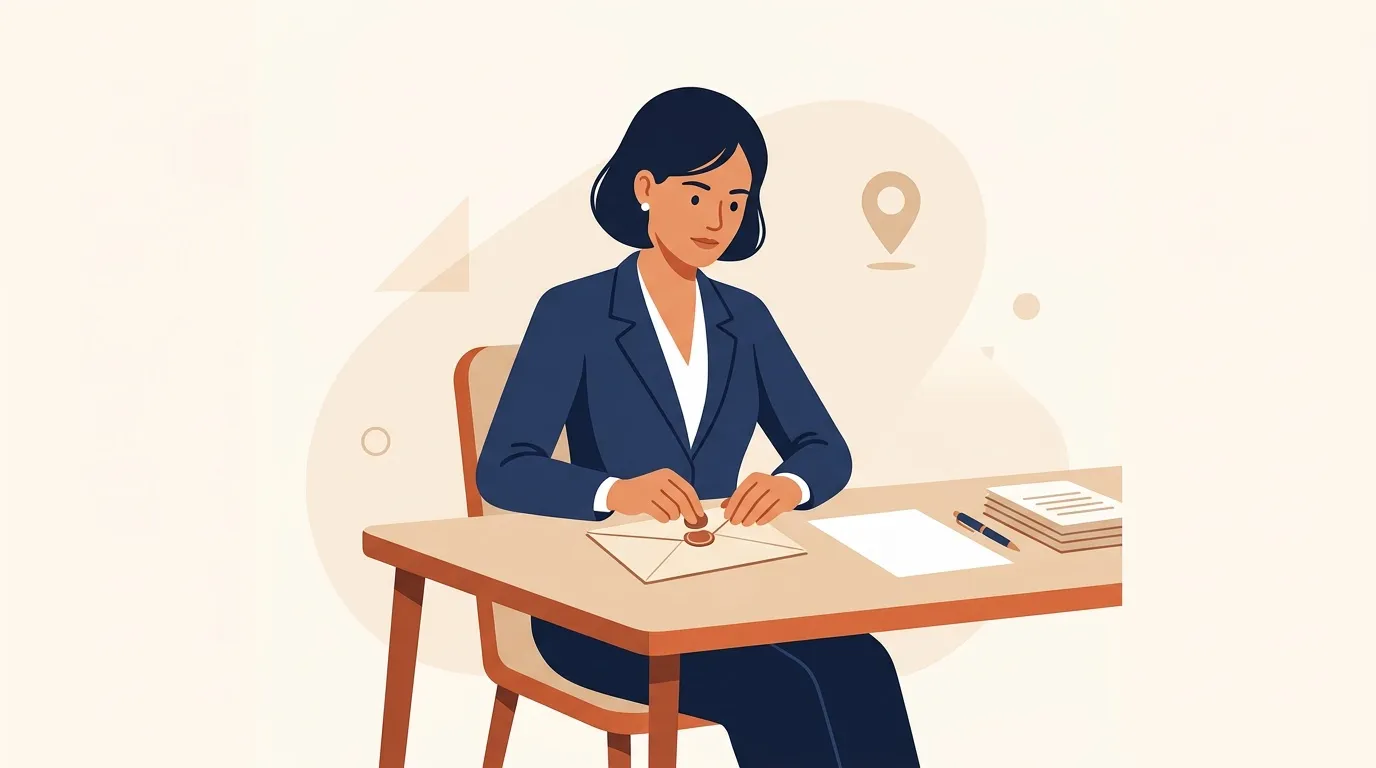 Femme en costume assise à un bureau ouvrant une enveloppe