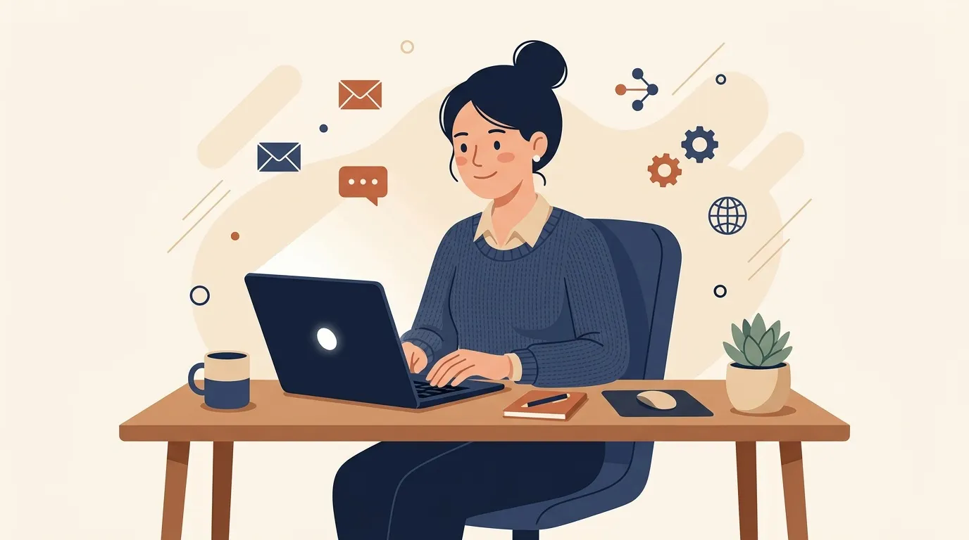 Femme souriante travaille sur son ordinateur portable au bureau