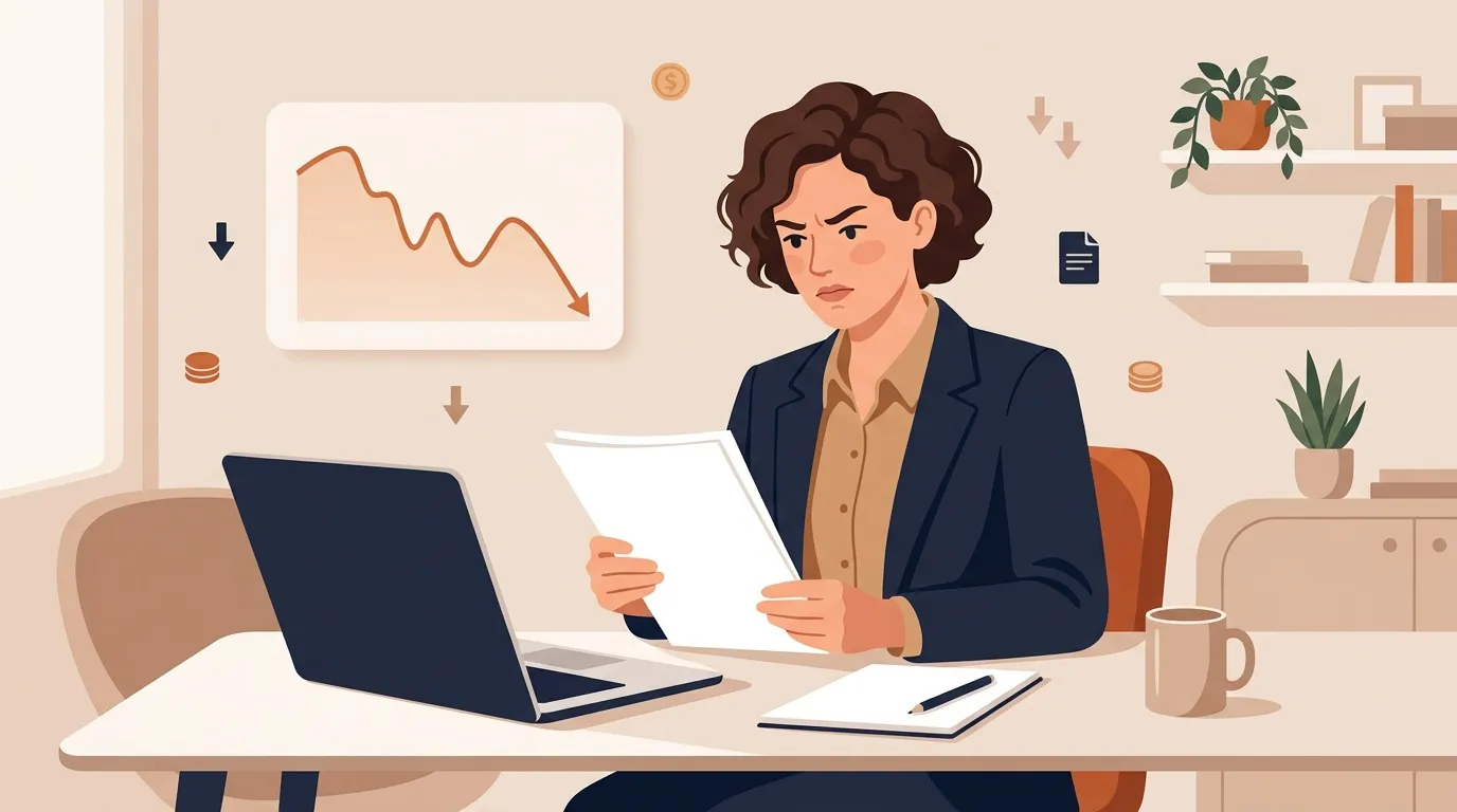 Femme au bureau examinant un graphique de d&eacute;clin financier