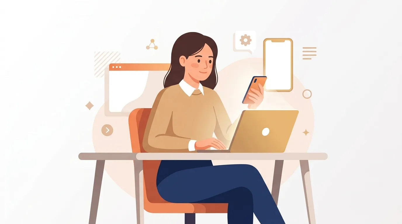 Femme au bureau avec laptop et smartphone