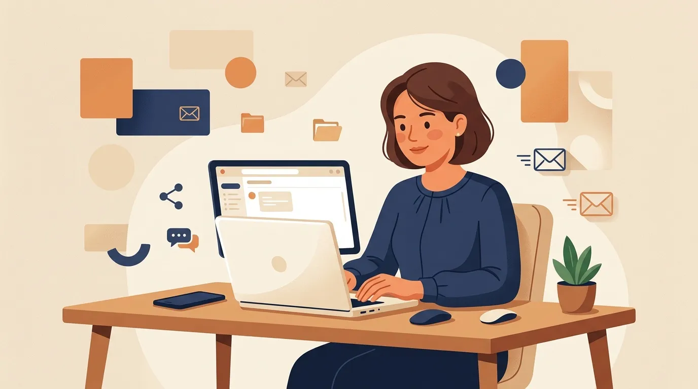 Femme travaillant sur ordinateur portable avec ic&ocirc;nes de messagerie