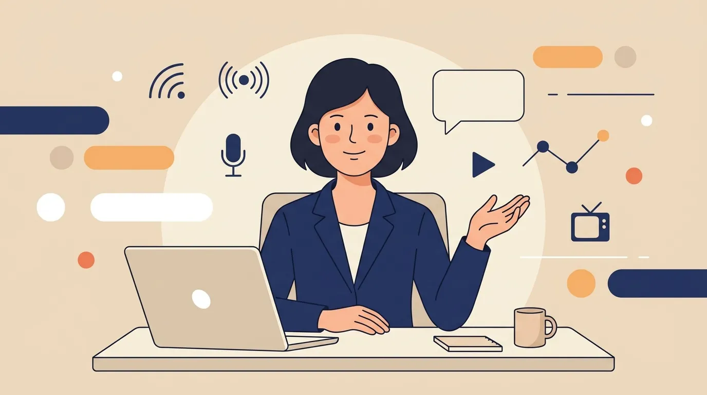 Femme au bureau entour&eacute;e d'ic&ocirc;nes multim&eacute;dia et technologiques