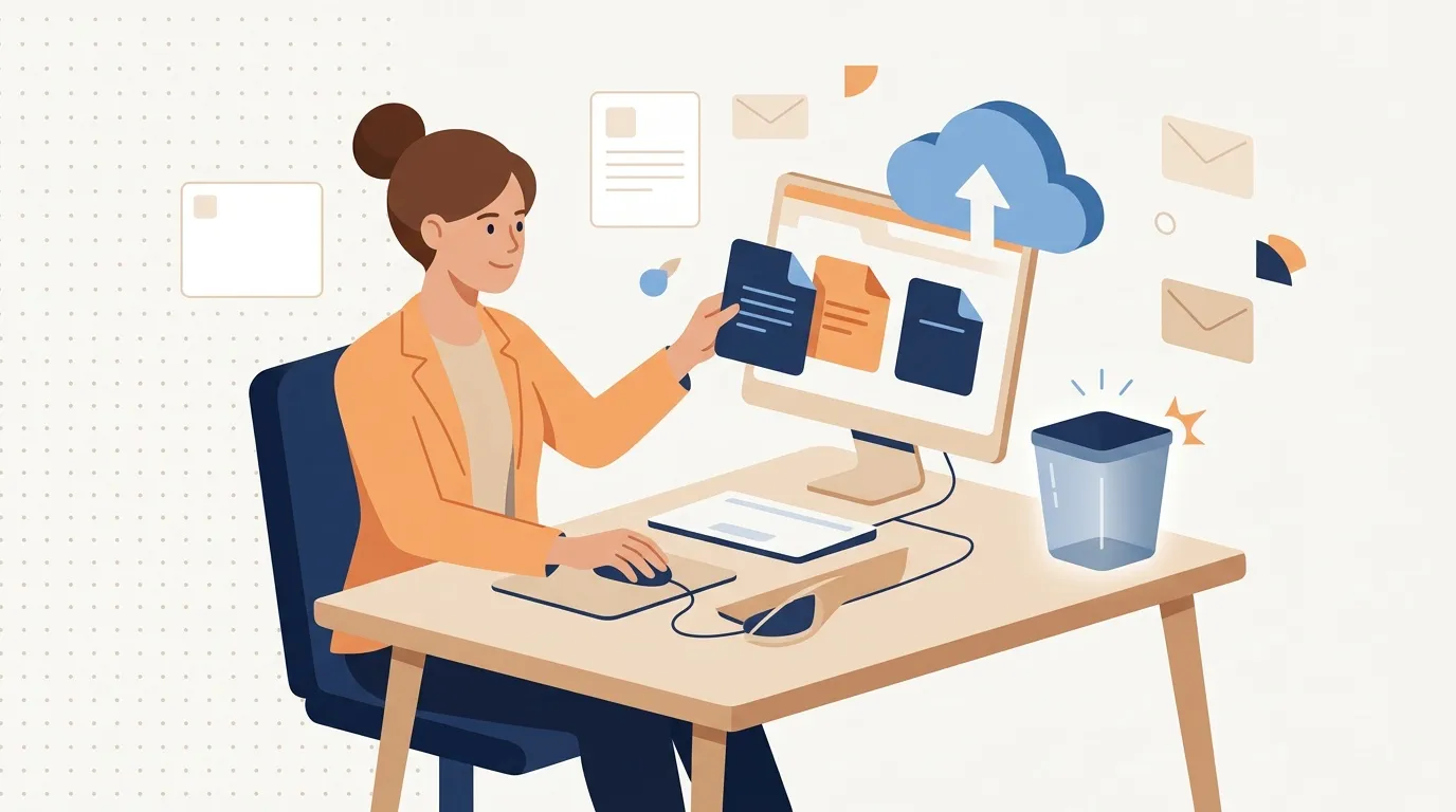 Femme organisant des documents num&eacute;riques sur ordinateur