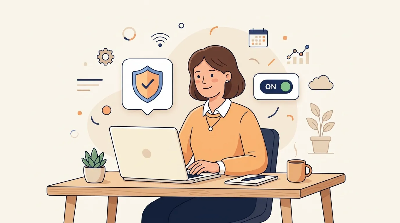 Femme au bureau utilisant un ordinateur portable avec icônes de sécurité