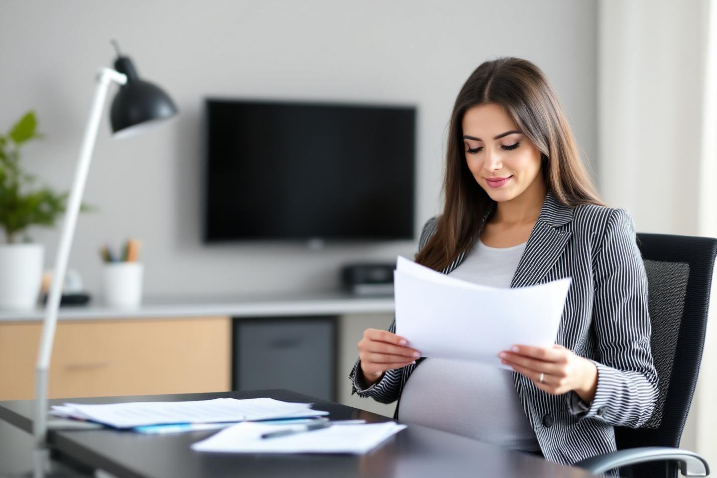 Employée enceinte lisant des documents dans un bureau moderne
