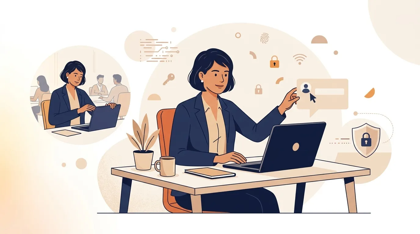 Femme professionnelle travaillant sur ordinateur portable avec symboles de sécurité numérique
