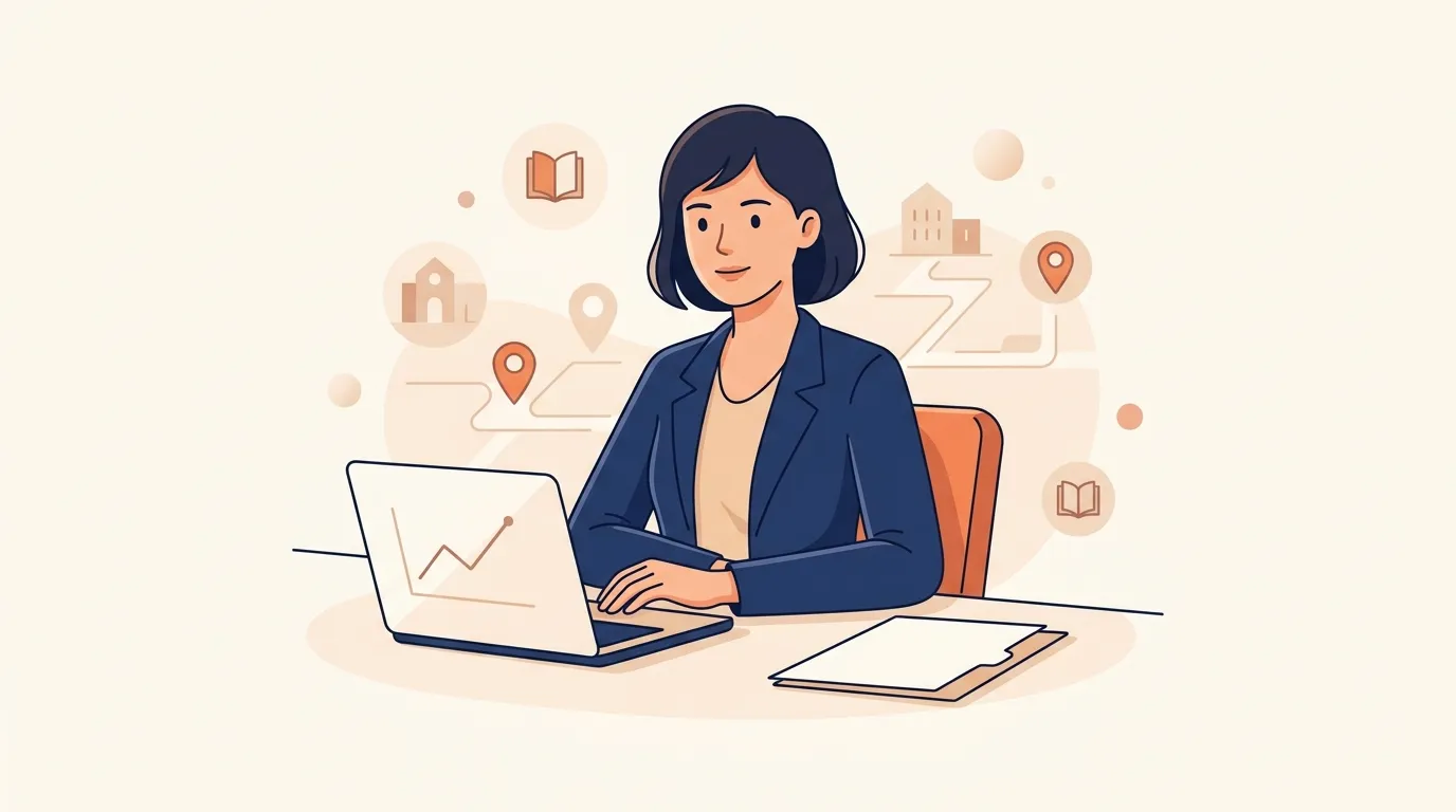 Femme d'affaires travaillant sur laptop avec ic&ocirc;nes num&eacute;riques