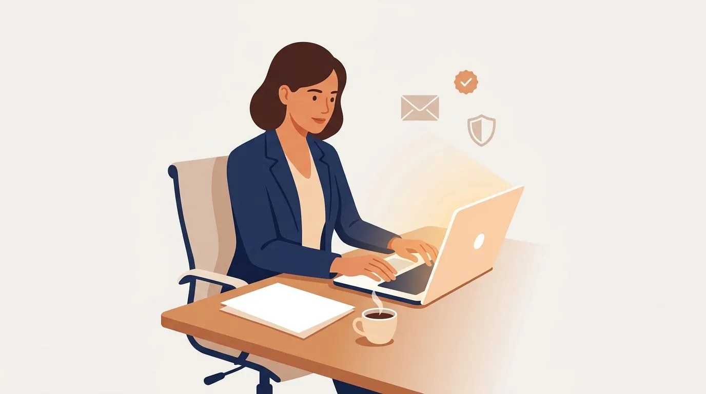 Femme au bureau avec laptop, documents et caf&eacute;