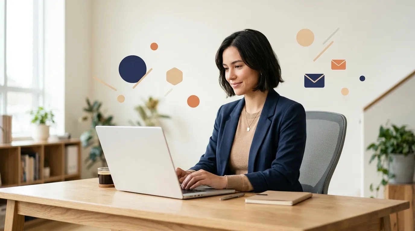 Femme en blazer bleu travaille sur son ordinateur portable au bureau