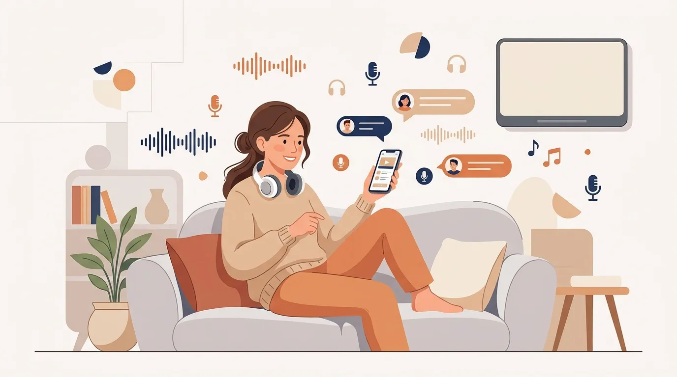 Femme écoutant musique et podcasts sur son téléphone