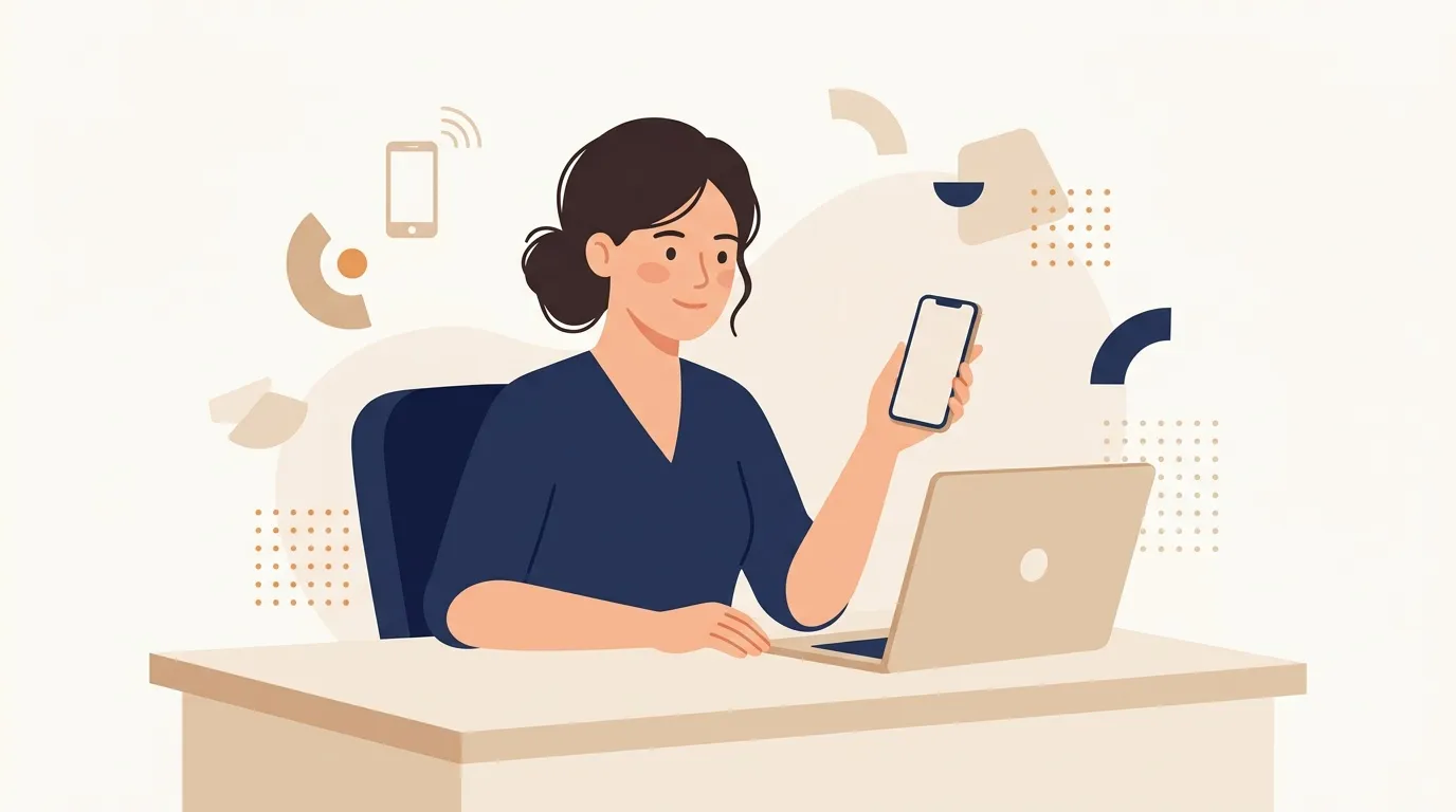 Femme &agrave; son bureau avec laptop et smartphone