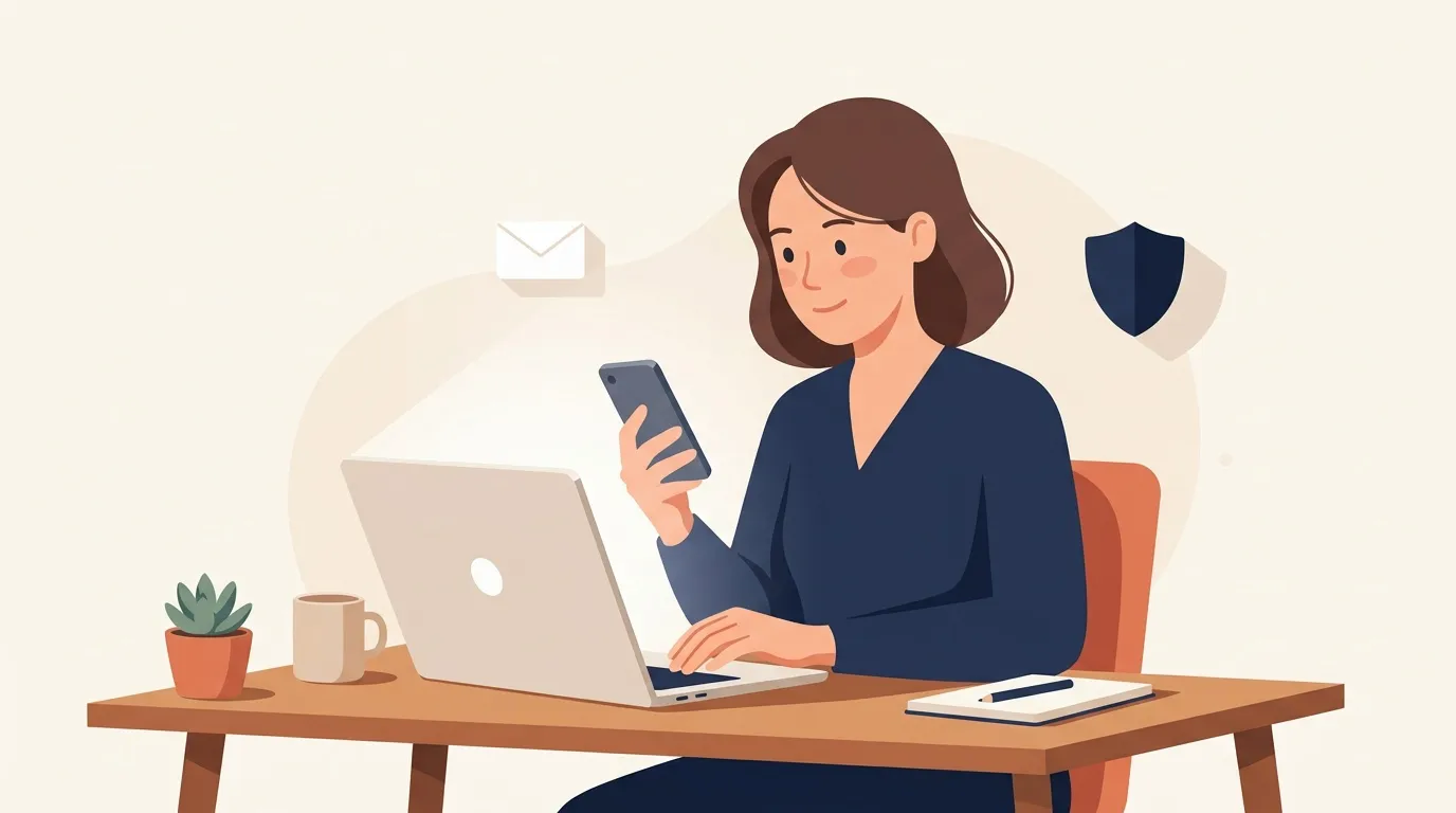Femme à son bureau avec laptop et smartphone, environnement professionnel moderne