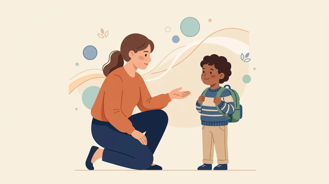 Femme accroupie conversant avec un enfant portant un sac &agrave; dos