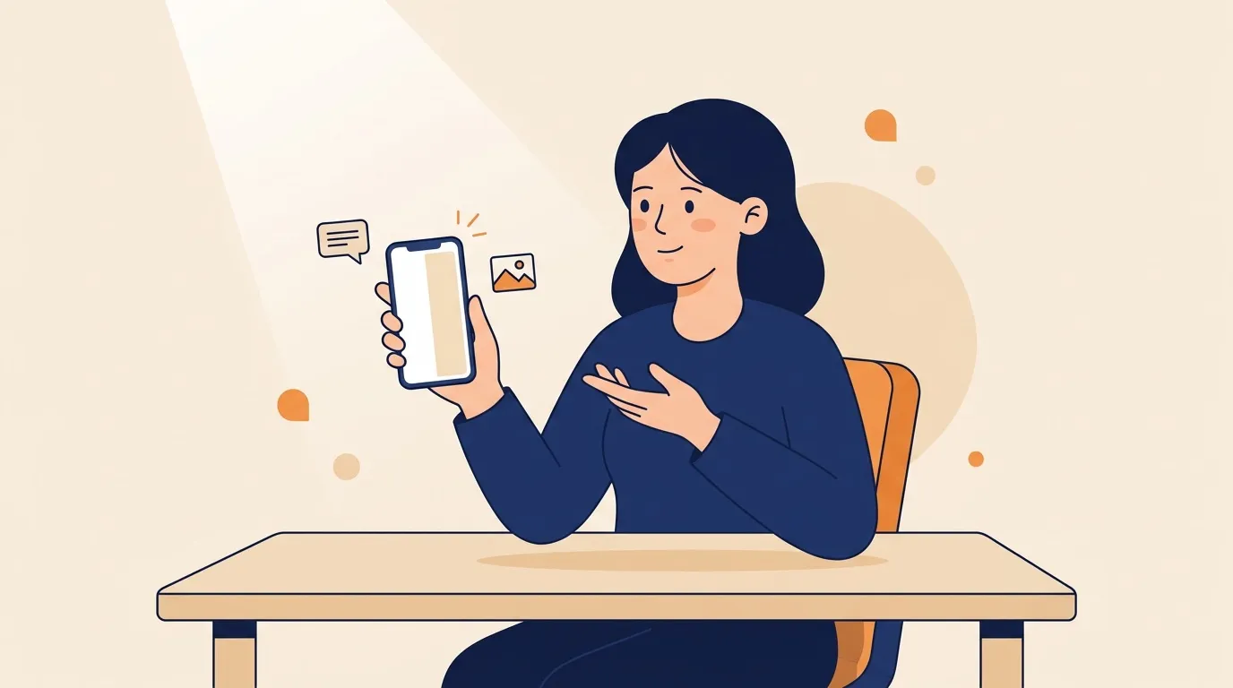 Femme souriante partageant du contenu sur son t&eacute;l&eacute;phone mobile