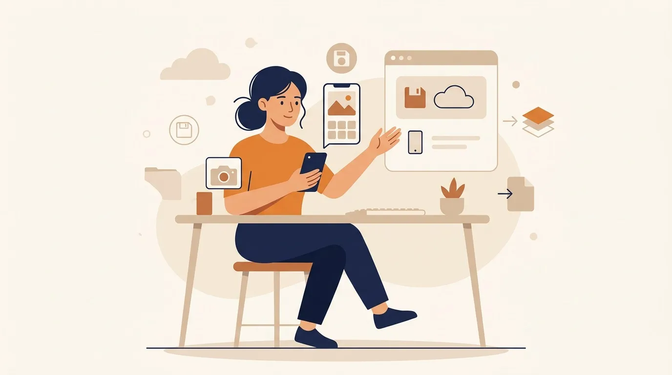 Femme g&eacute;rant fichiers et donn&eacute;es sur appareils num&eacute;riques