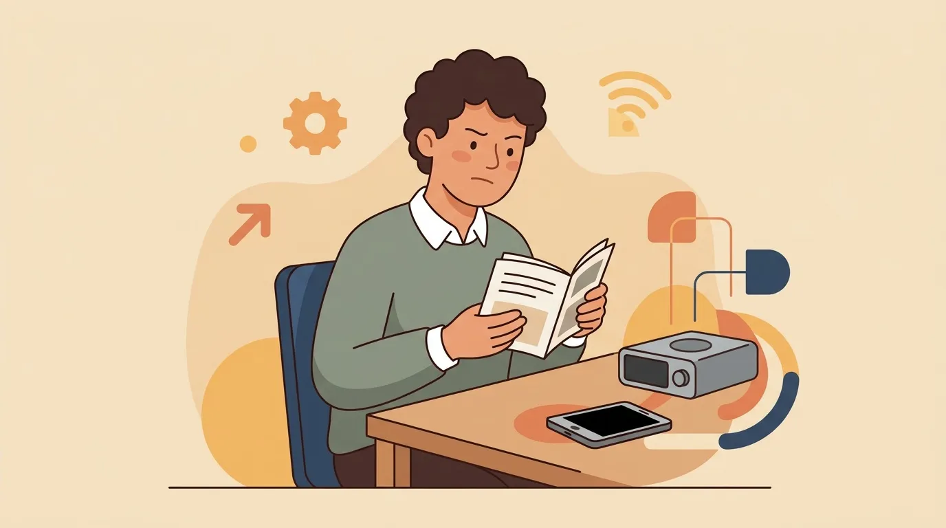 Homme assis lisant un document entour&eacute; de technologie
