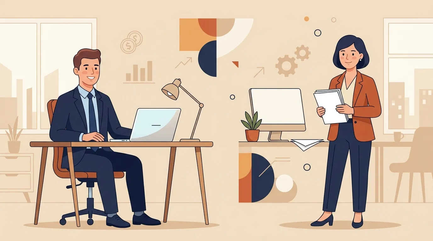 Deux professionnels dans un bureau collaborent avec ordinateurs et documents
