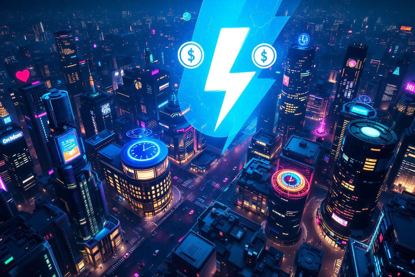 Vue aérienne d'une ville high-tech néon avec symbole électrique
