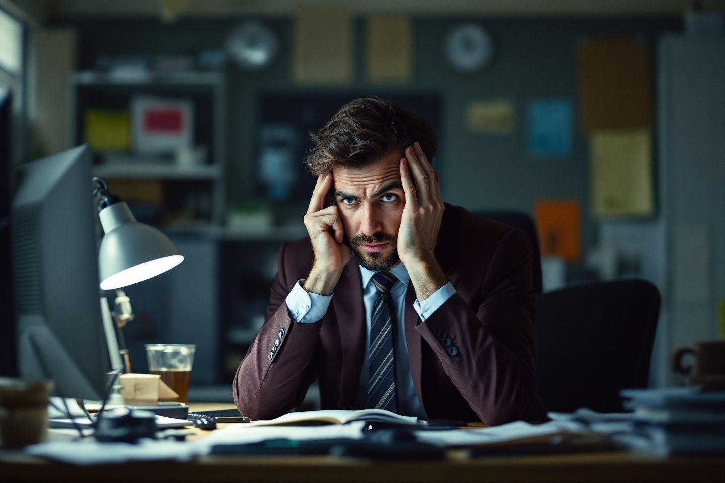Employ&eacute; fatigu&eacute;, stress&eacute;, travaillant de nuit au bureau