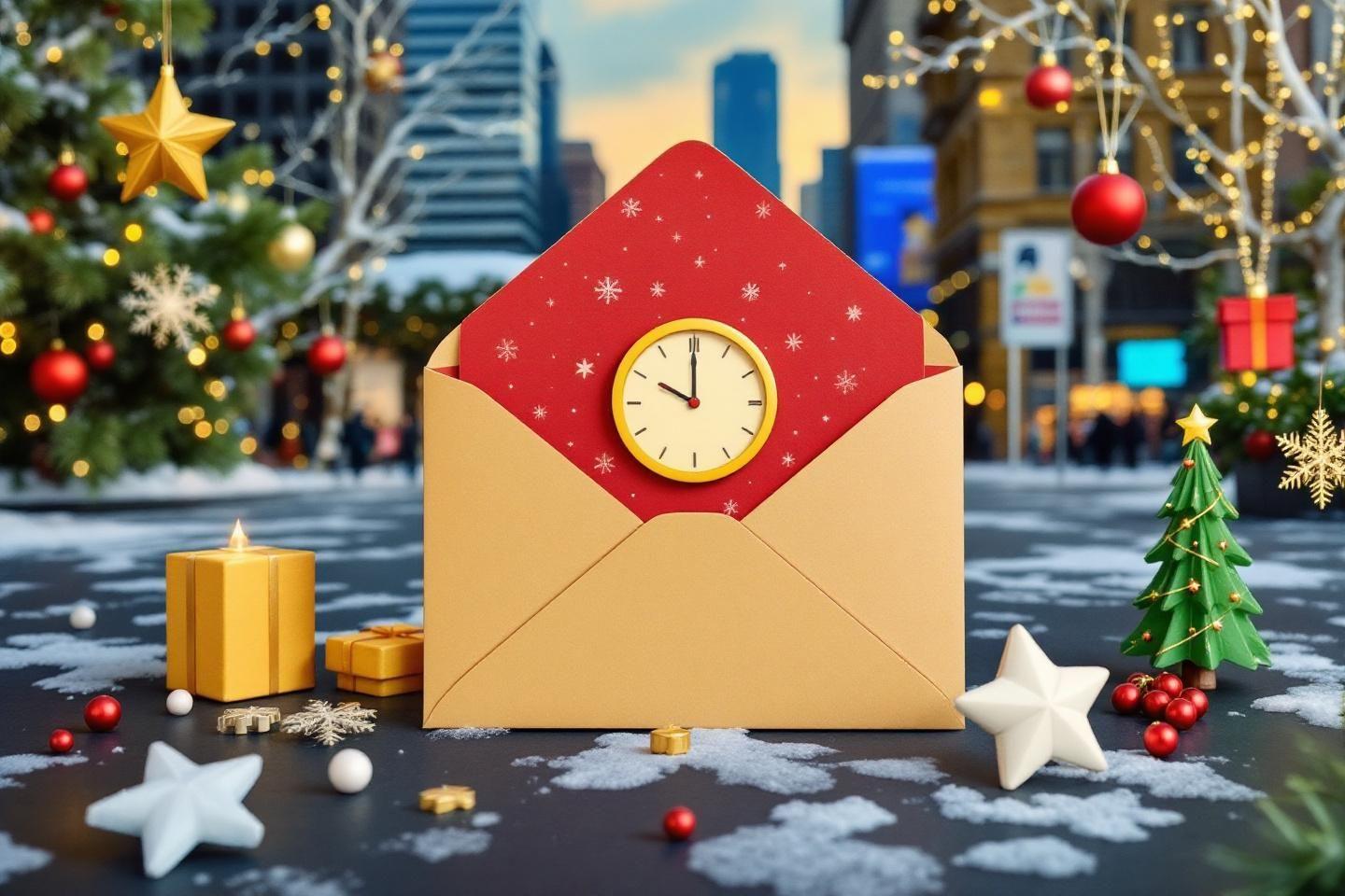 Enveloppe de Noël avec horloge sur fond de ville hivernale