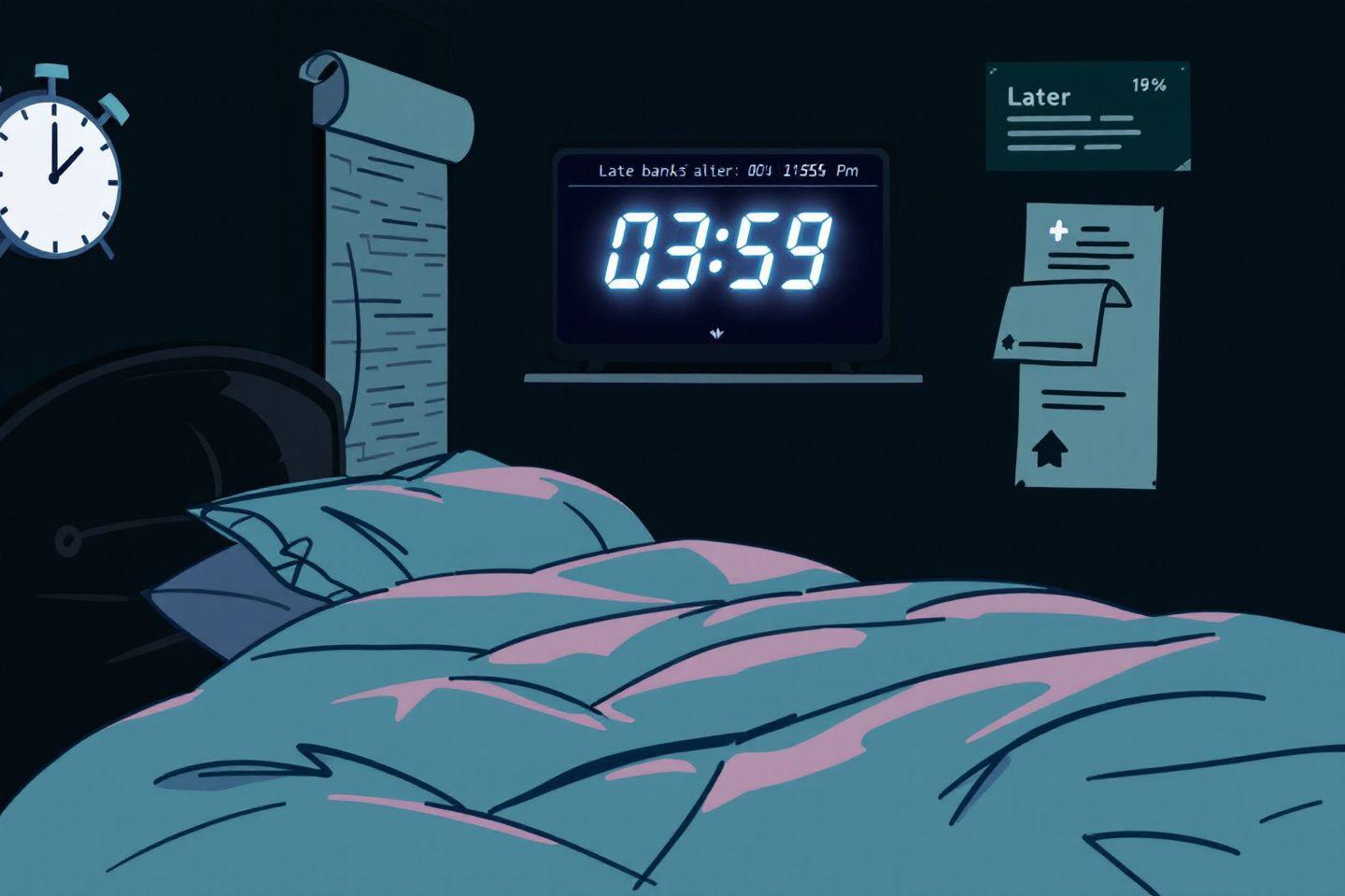 Horloge numérique près d'un lit montrant minuit moins une