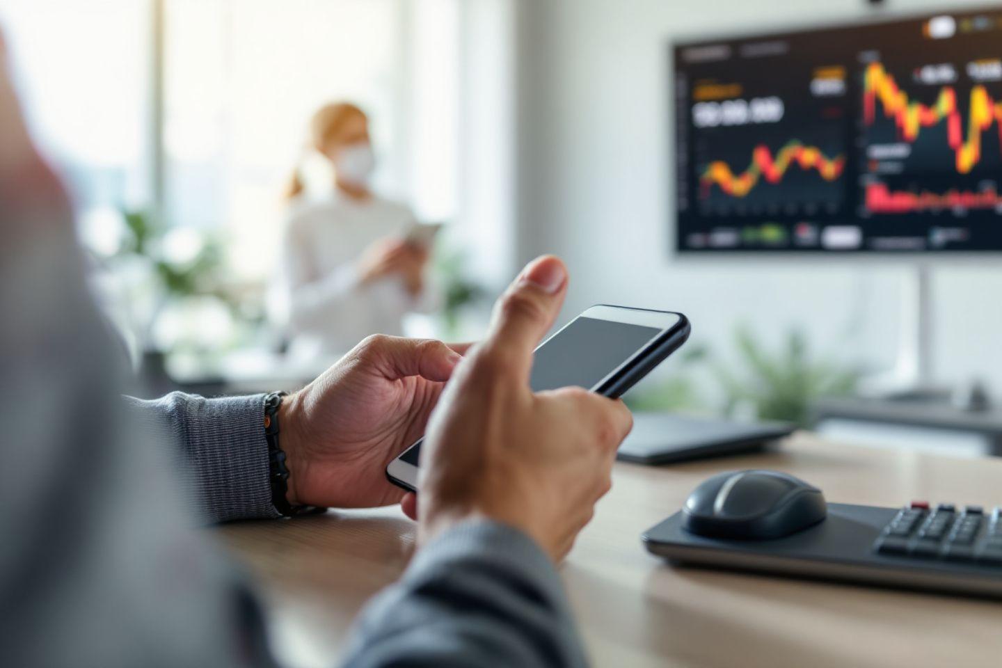 Main tenant un smartphone devant des graphiques boursiers