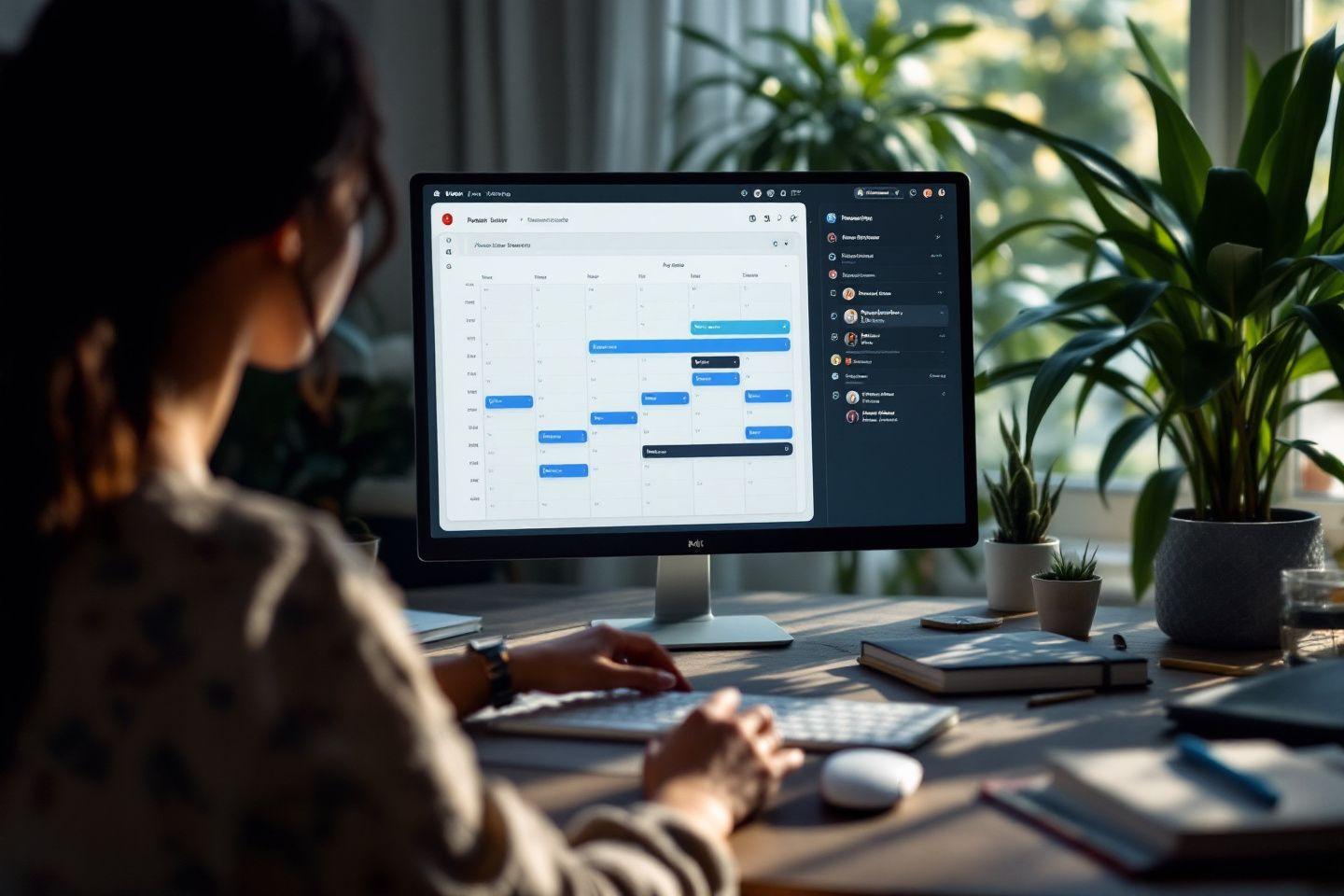 Bureau avec ordinateur montrant un tableau de gestion de projet