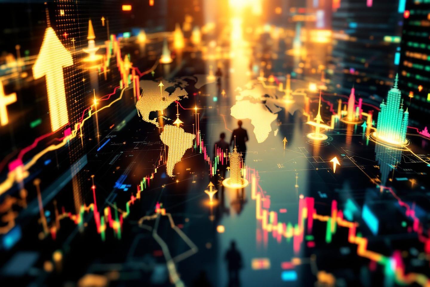 Graphiques boursiers dynamiques sur carte du monde num&eacute;rique