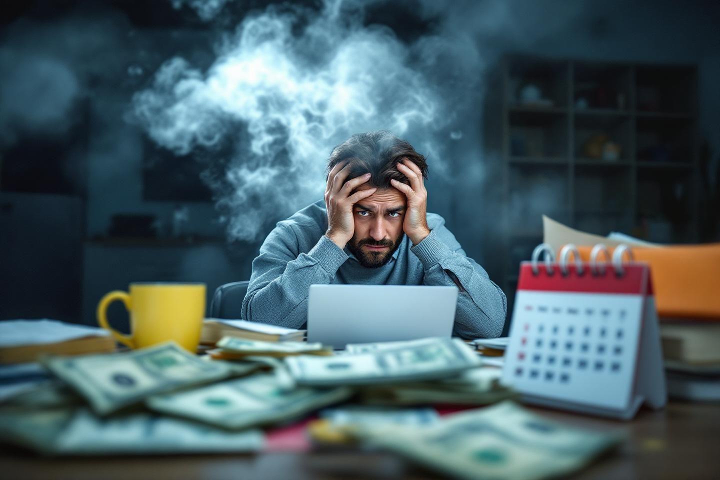 Homme stressé entouré d'argent et de fumée au bureau