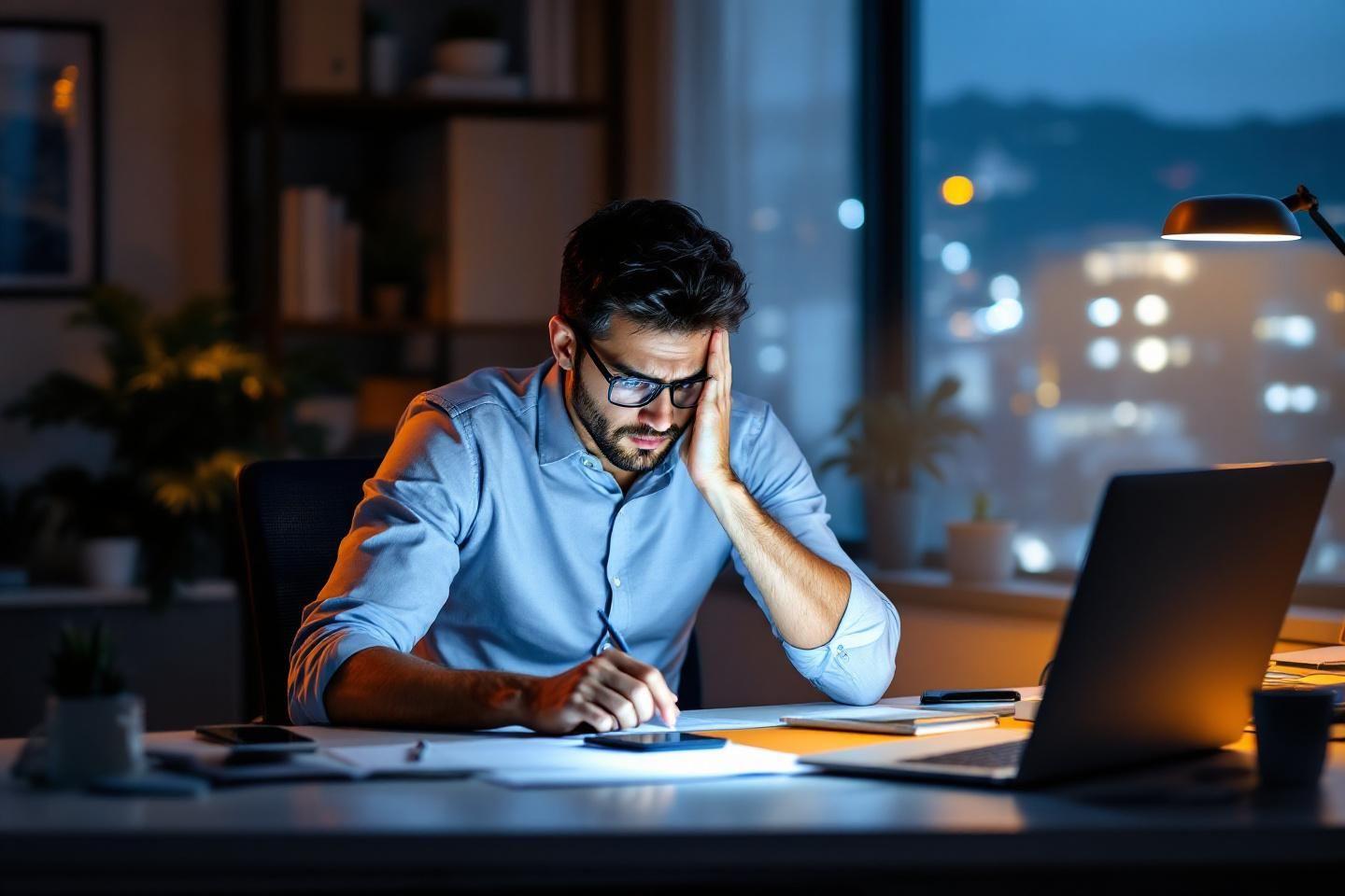 Homme fatigué travaillant tard au bureau dans la pénombre