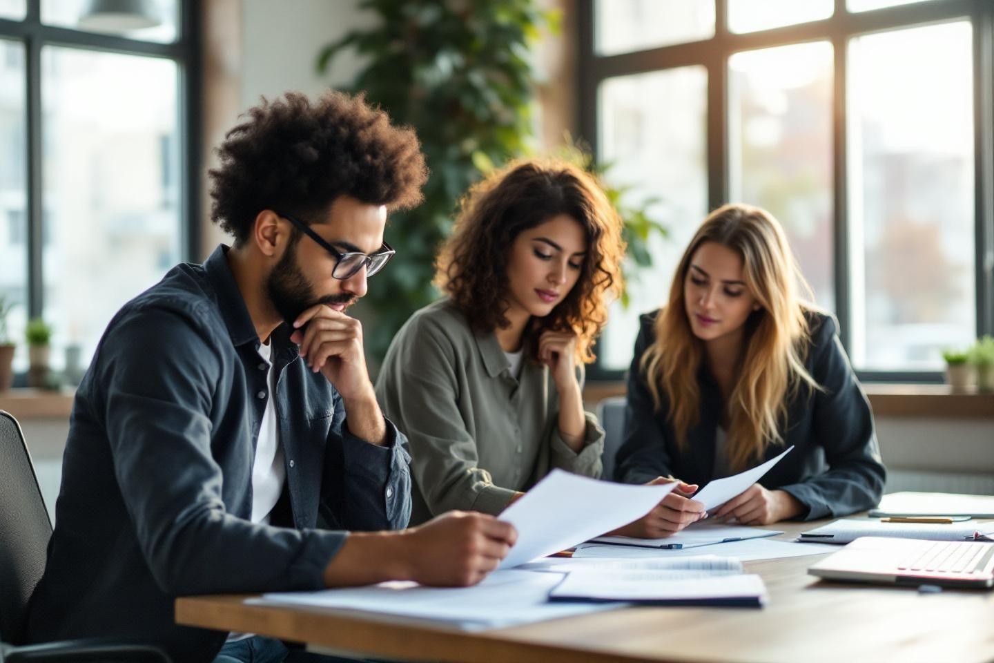 Trois personnes travaillant ensemble autour d'un document