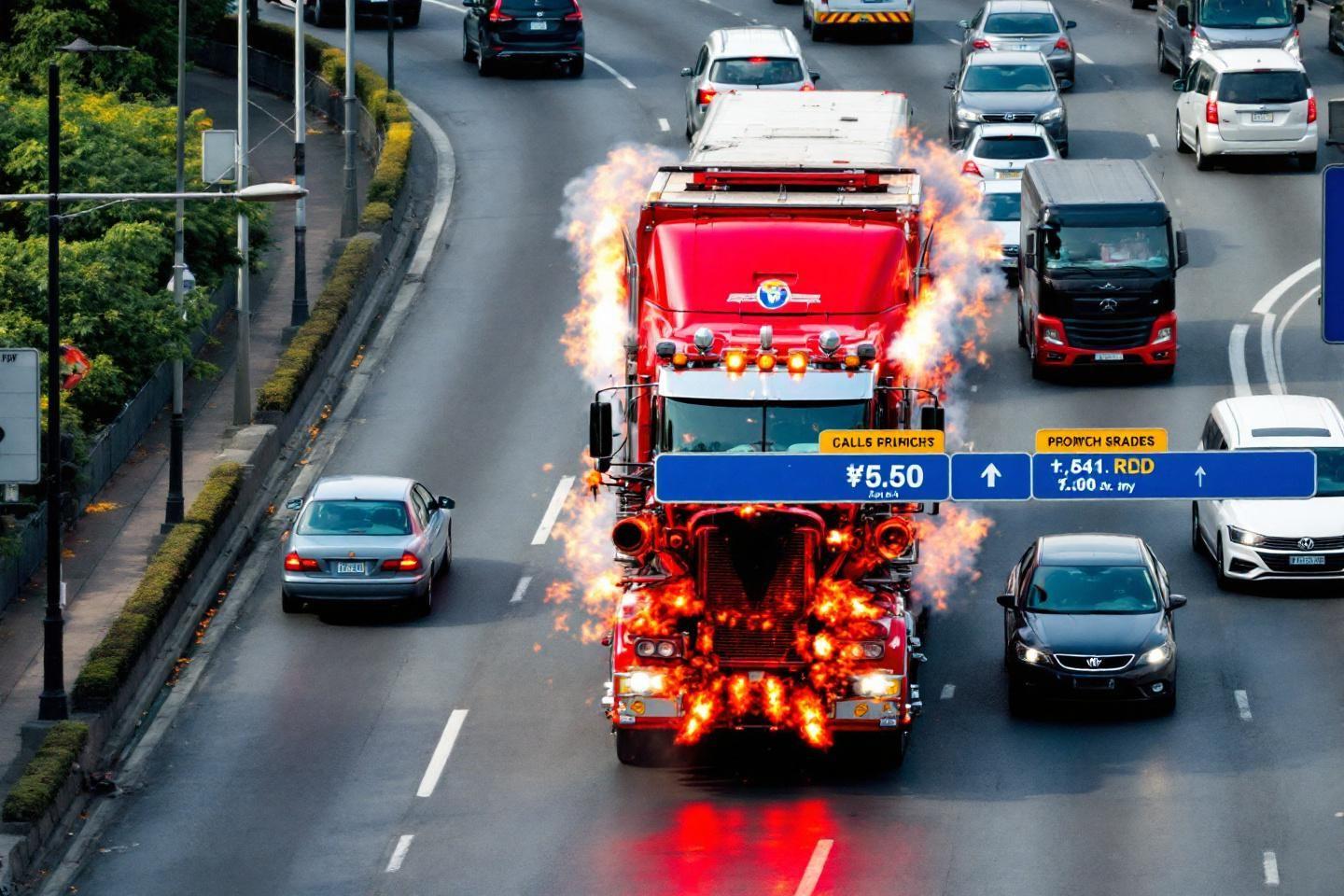 Camion rouge en flammes, entour&eacute; de voitures sur une route