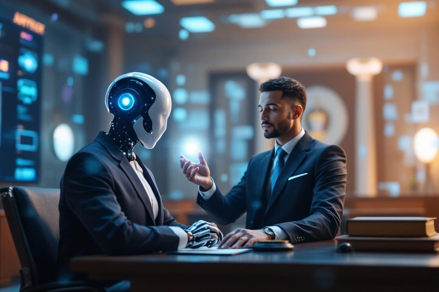 Robot et homme d'affaires discutant dans un bureau technologique moderne