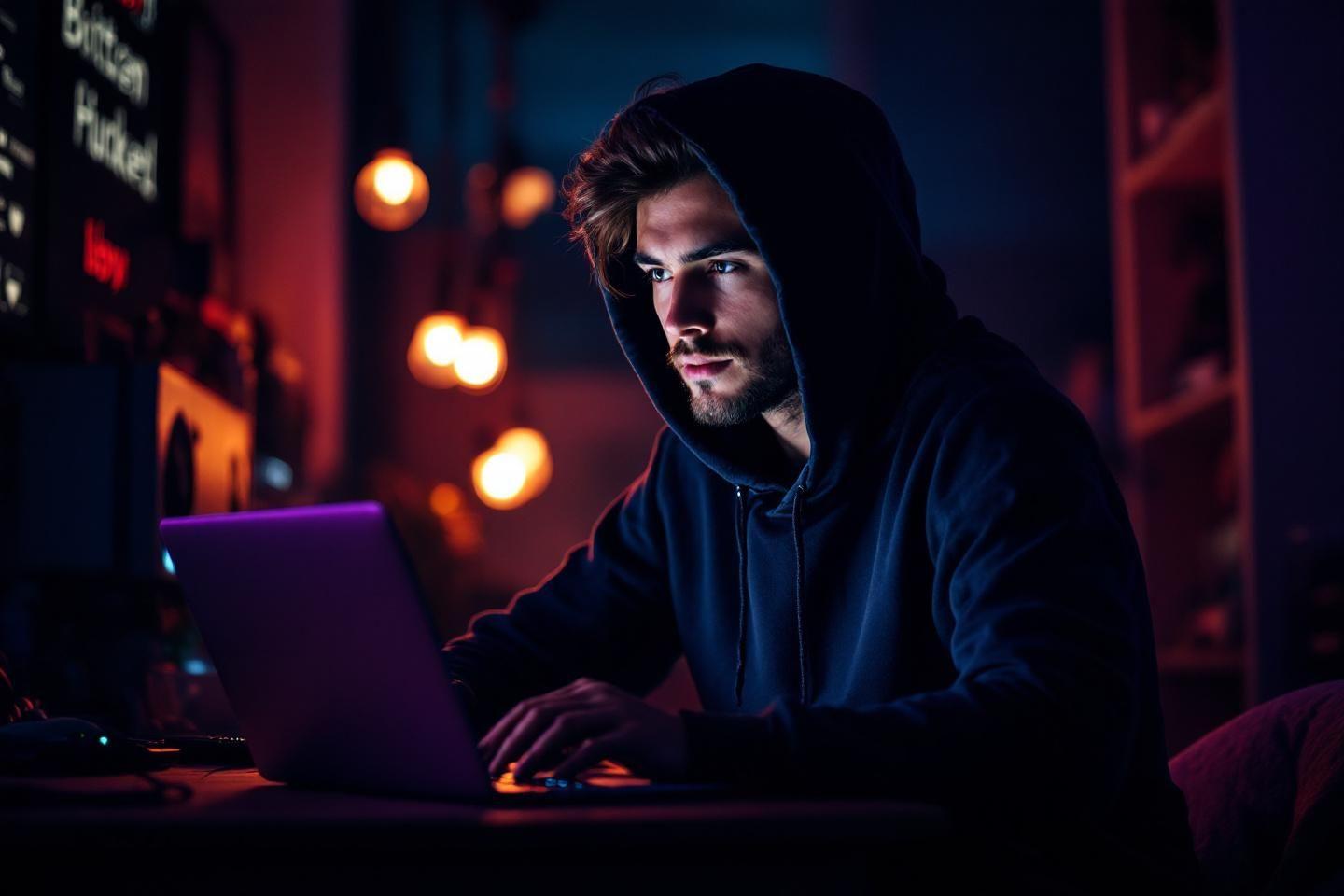 Homme à capuche sombre utilisant un ordinateur portable dans un environnement nocturne