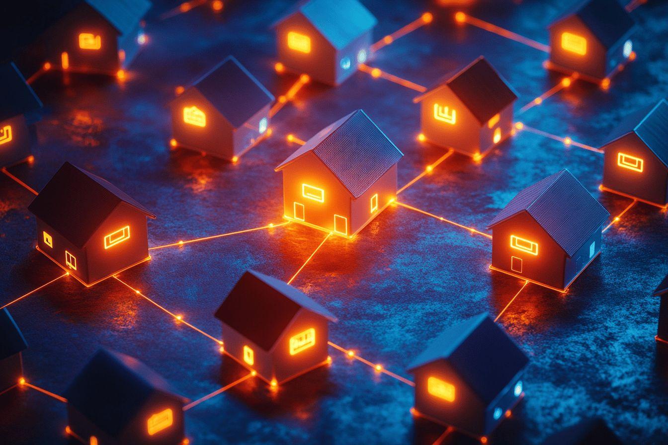 Petites maisons illuminées reliées par des lignes lumineuses