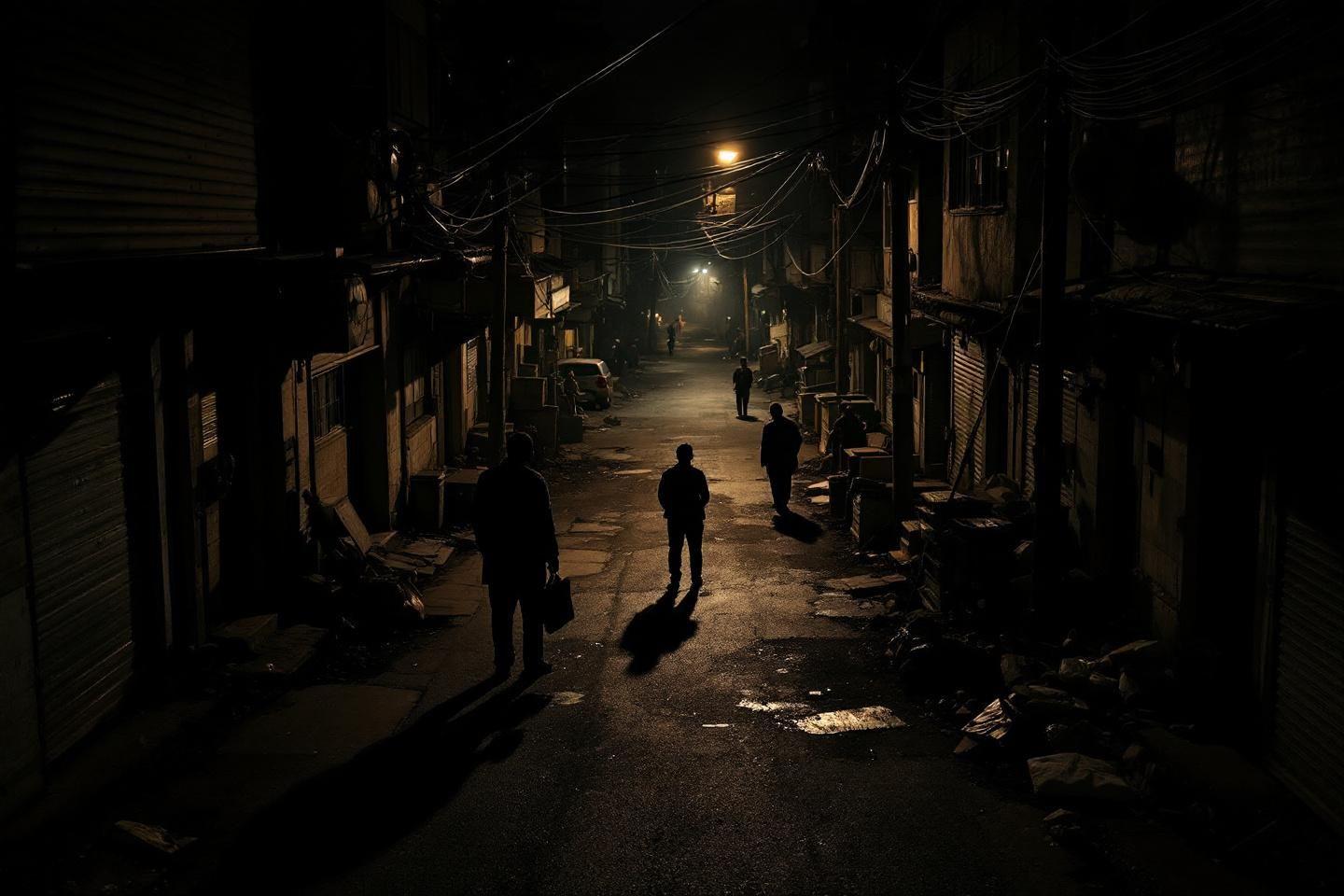Silhouettes dans une ruelle sombre éclairée par des lampadaires