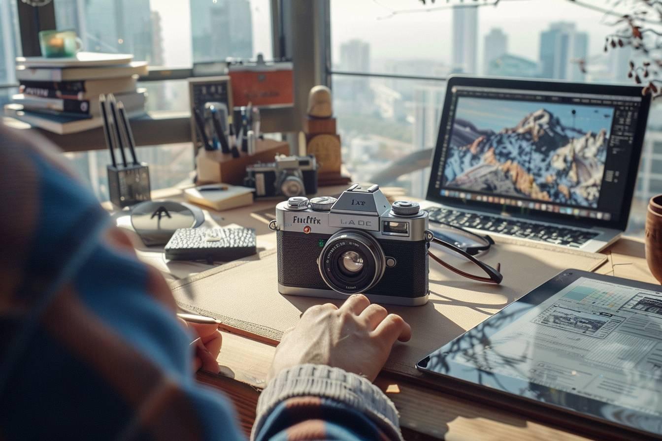 Poste de travail d'un photographe avec appareils, ordinateur et accessoires