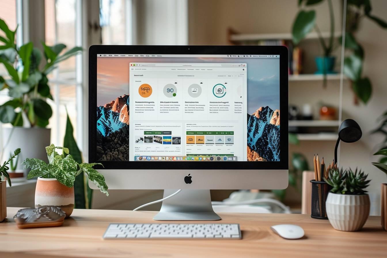 Bureau de travail avec ordinateur, plantes vertes et accessoires de bureau