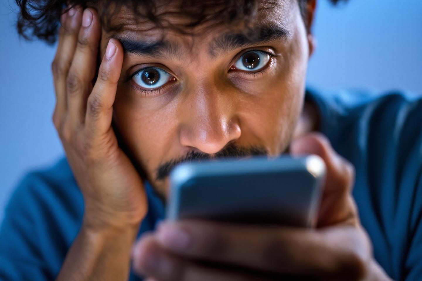 Jeune homme stressé, regardant fixement son téléphone portable