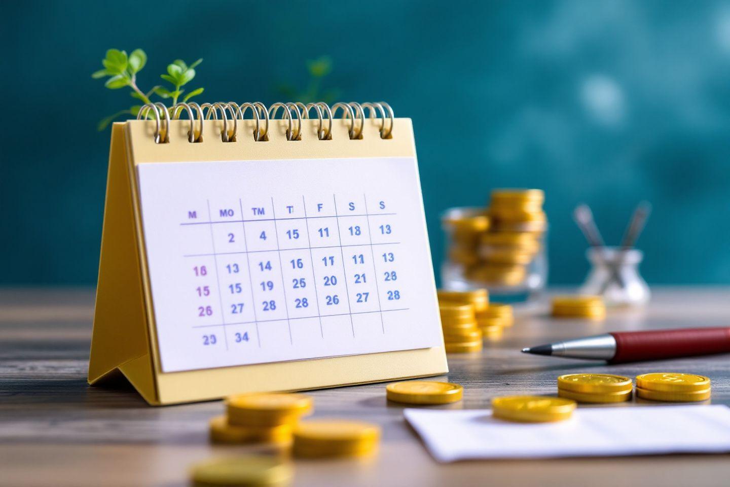 Calendrier, pi&egrave;ces d'or et stylo sur un bureau bleu-vert