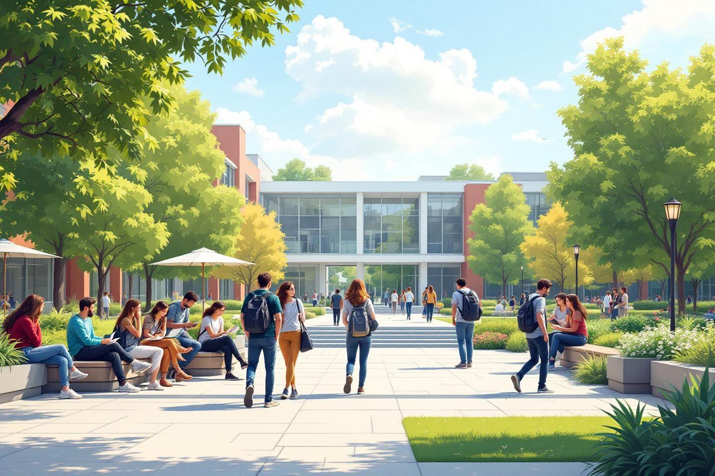 &Eacute;tudiants devant un b&acirc;timent universitaire verdoyant