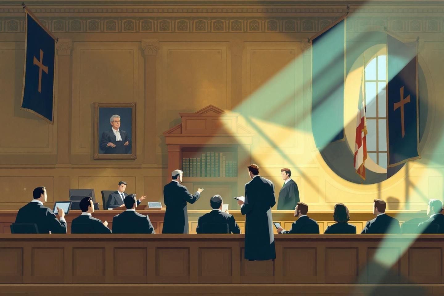 Sc&egrave;ne de proc&egrave;s avec avocats, juges et lumi&egrave;re dramatique
