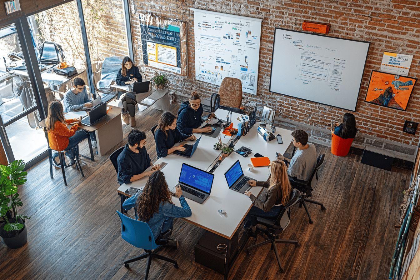 Équipe travaillant ensemble dans un bureau ouvert industriel