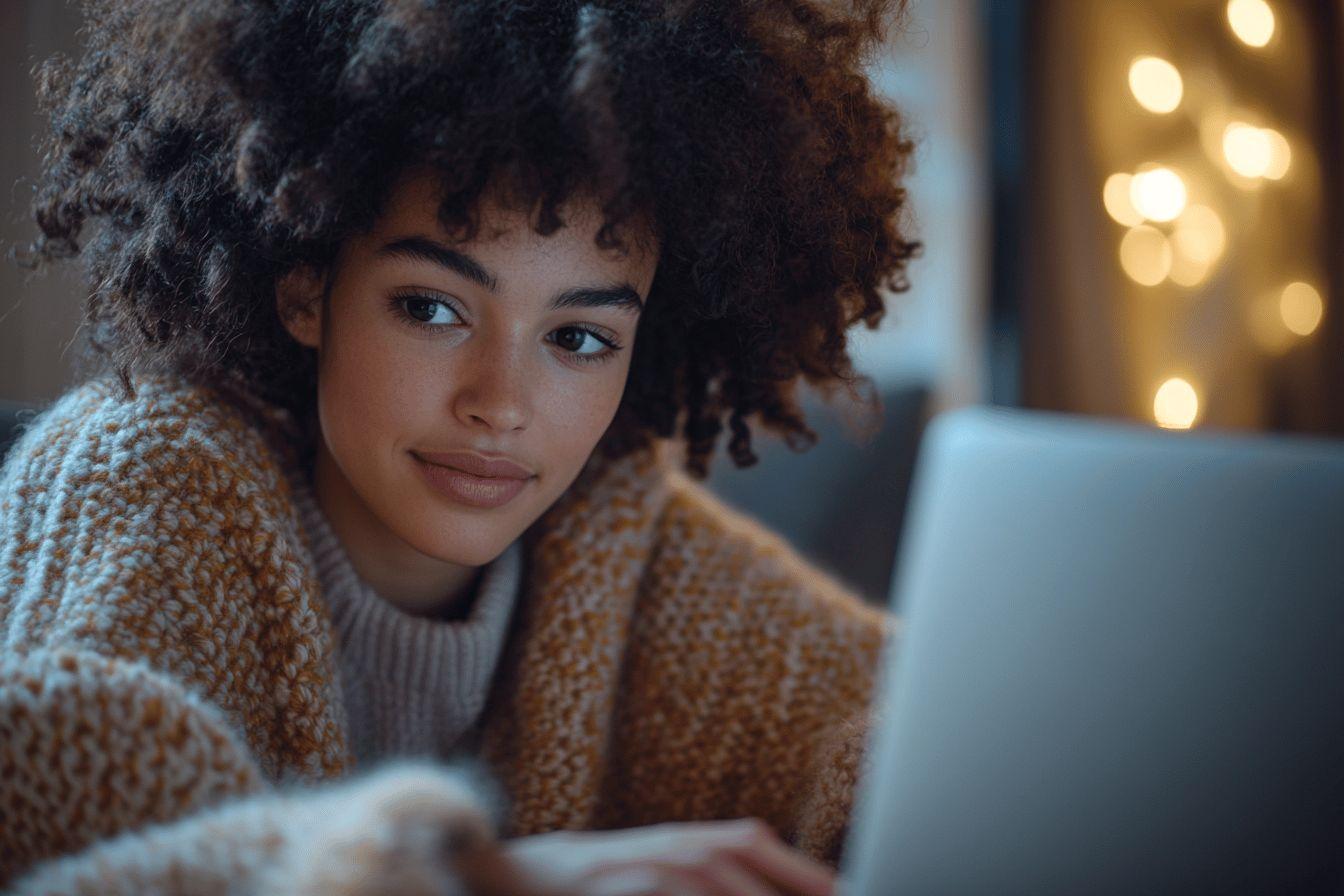 Femme aux cheveux boucl&eacute;s travaillant sur un ordinateur portable