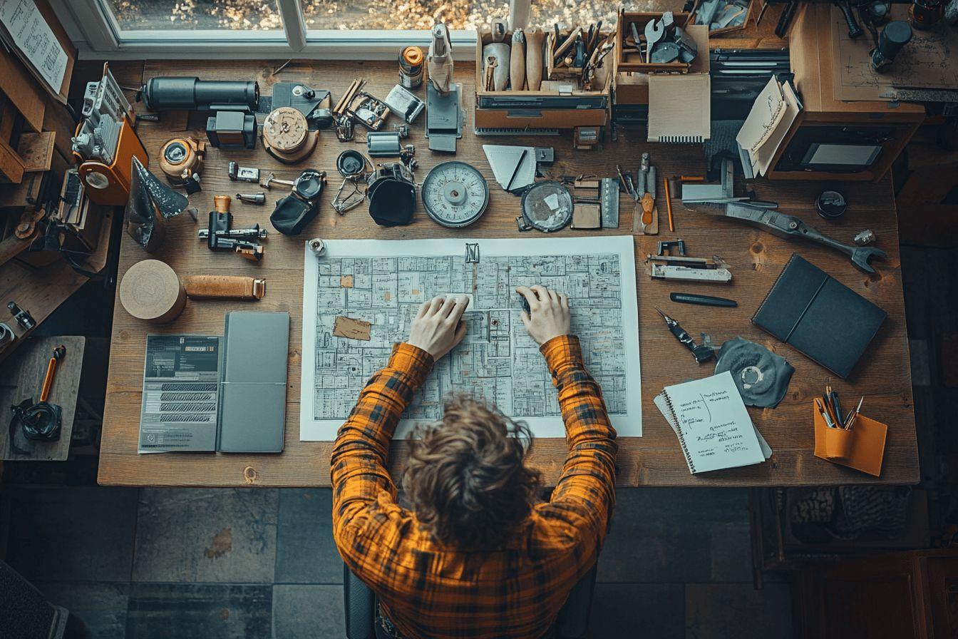 Bureau d'artisan avec plans, outils et équipements variés