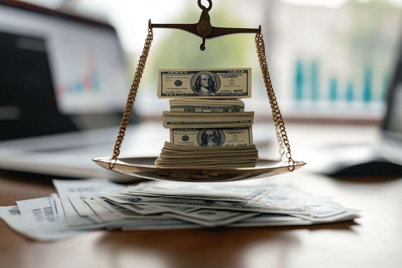 Billets de banque empilés sur un plateau de balance antique